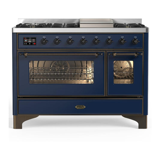Ilve UM48FNR3MBB Ilve Um48Fnr3Mbb Majestic Iii 48 Inch Dual Fuel Range With 8 Burners And Griddle, Dual Function Burner Up To 25,000 Btu (Natural Gas, Triple Glass Door, Midnight Blue, Burnished)