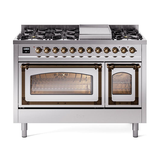 Ilve UN48FNMPSSBLP Ilve Un48Fnmpssblp Nostalgie Ii Noblesse 48" Dual Fuel Range (8 Sealed Burners + Griddle, Liquid Propane, Triple Glass Door, Stainless Steel, Burnished)