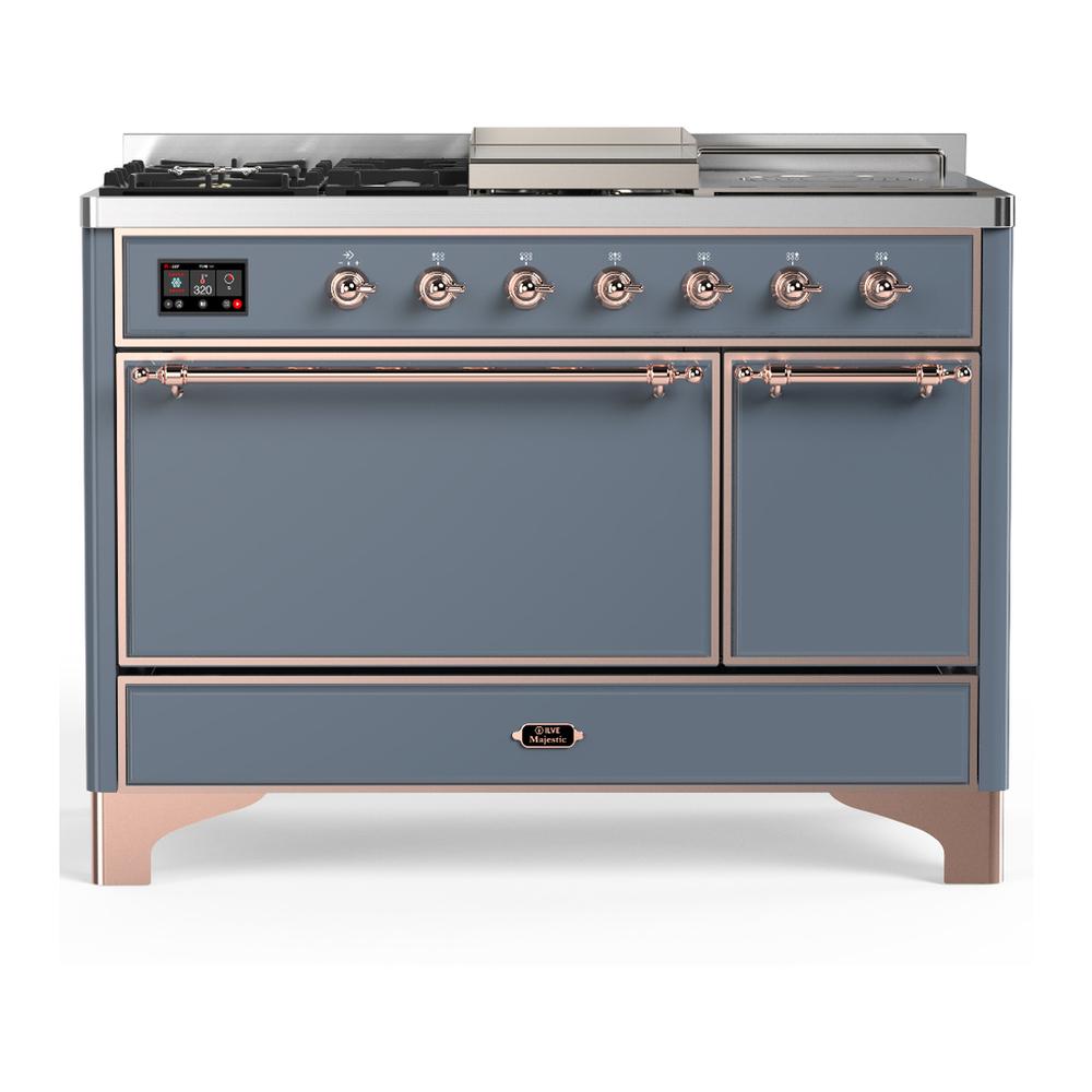 Ilve UM48FSQNR3BGP Ilve Um48Fsqnr3Bgp Majestic Iii 48 Inch Dual Fuel Range With 5 Black Brass Burners, Griddle And French Top, Dual Function Burner Up To 25,000 Btu (Natural Gas, Solid Door, Blue Grey, Copper)