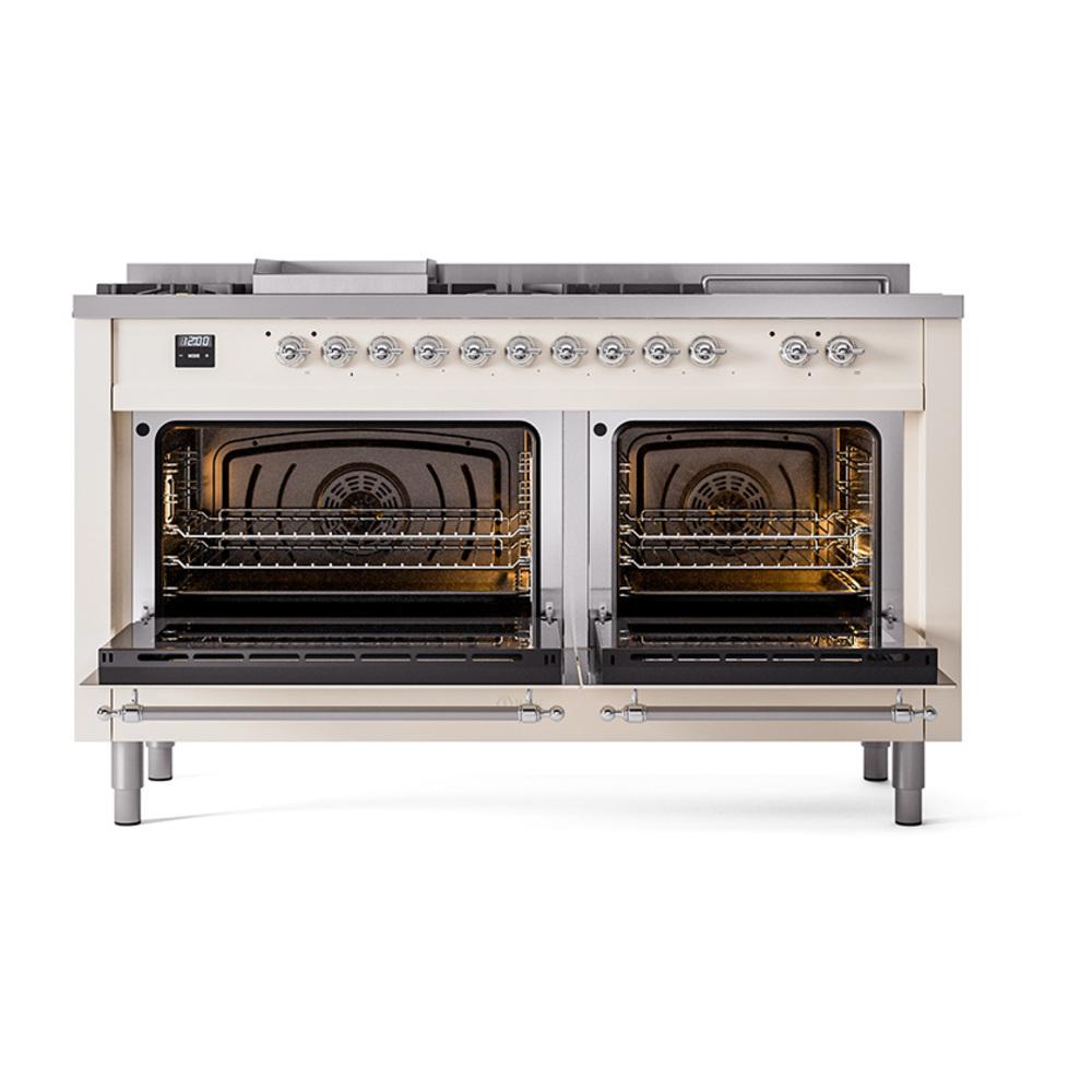 Ilve UN60FSQNMPAWC Ilve Un60Fsqnmpawc Nostalgie Ii Noblesse 60" Dual Fuel Range (7 Sealed Burners + Griddle + French Top, Natural Gas, Solid Door, Antique White, Chrome)