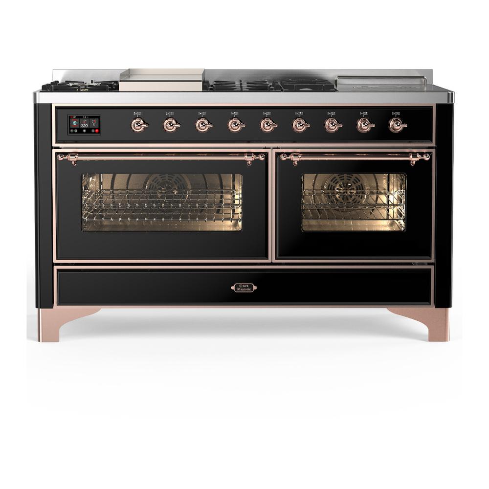 Ilve UM60FSNR3BKP Ilve Um60Fsnr3Bkp Majestic Iii 60 Inch Dual Fuel Range With 7 Burners, Griddle And French Top, Dual Function Burner With Up To 25,000 Btu (Natural Gas, Triple Glass Door, Glossy Black, Copper)