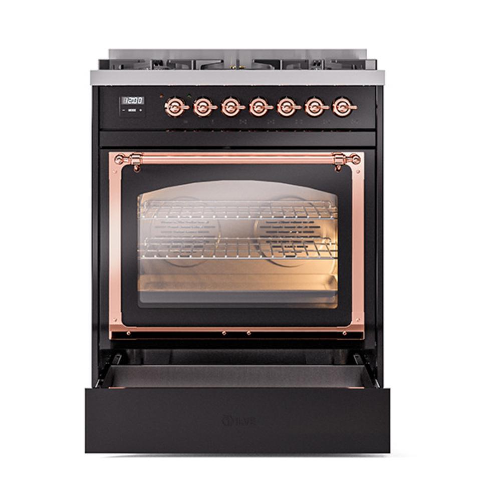 Ilve UN30NMPBKPLP Ilve Un30Nmpbkplp Nostalgie Ii Noblesse 30" Dual Fuel Range (Liquid Propane, Triple Glass Door, Glossy Black, Copper)