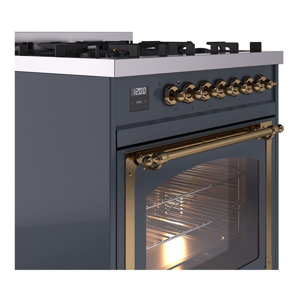 Ilve UN30NMPBGGLP Ilve Un30Nmpbgglp Nostalgie Ii Noblesse 30" Dual Fuel Range (Liquid Propane, Triple Glass Door, Blue Grey, Brass)