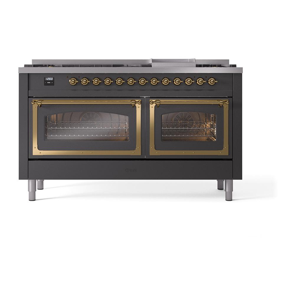 Ilve UN60FNMPMGG Ilve Un60Fnmpmgg Nostalgie Ii Noblesse 60" Dual Fuel Range (9 Sealed Burners + Griddle, Natural Gas, Triple Glass Door, Graphite Matte, Brass)