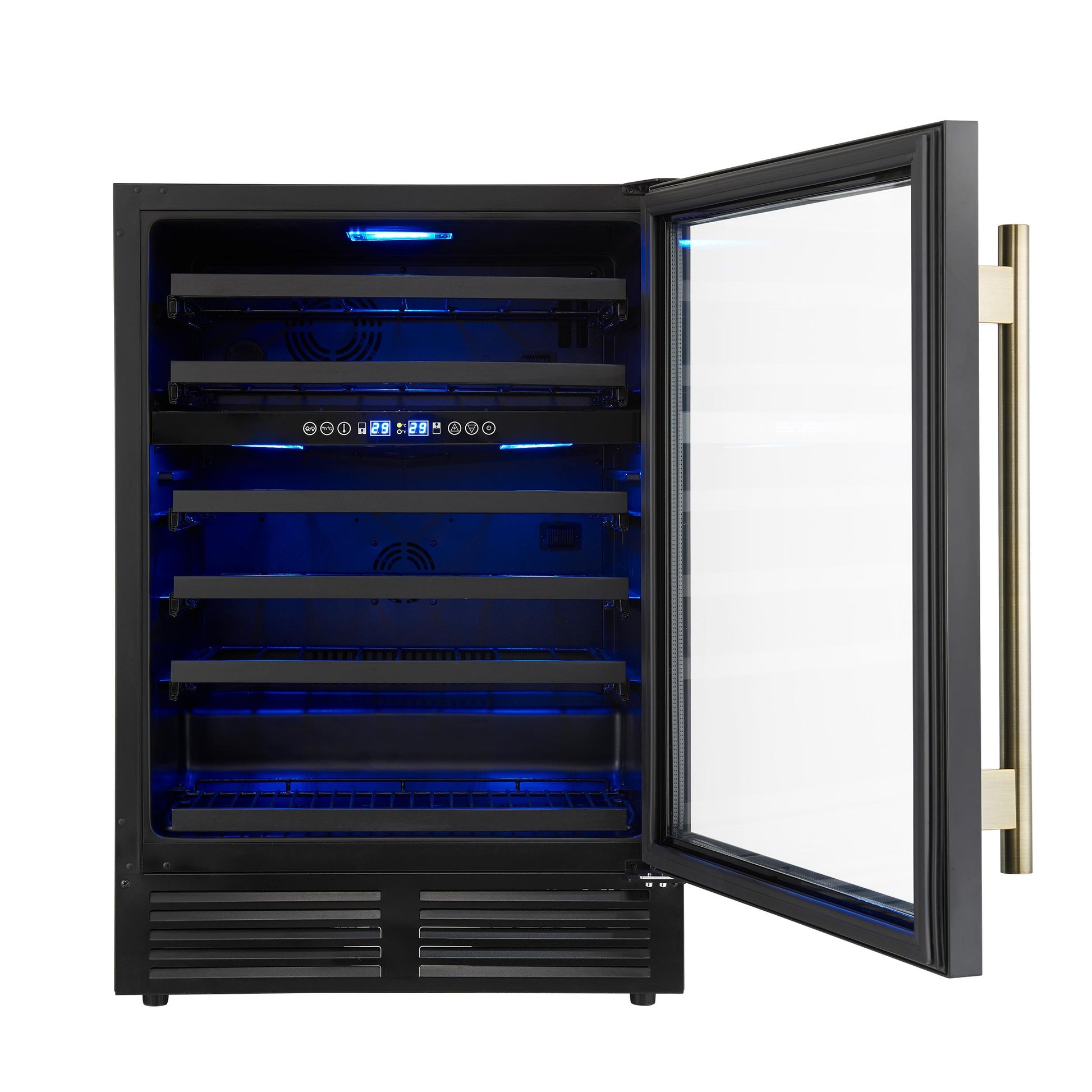 Forno FWCDR663424BLK Forno Bacchino 24 Inch Wine Cooler, Black With Antique Brass Handles, With Led Lighting, Triple Glass Door, 51 Bottle Capacity, Built-In Or Freestanding