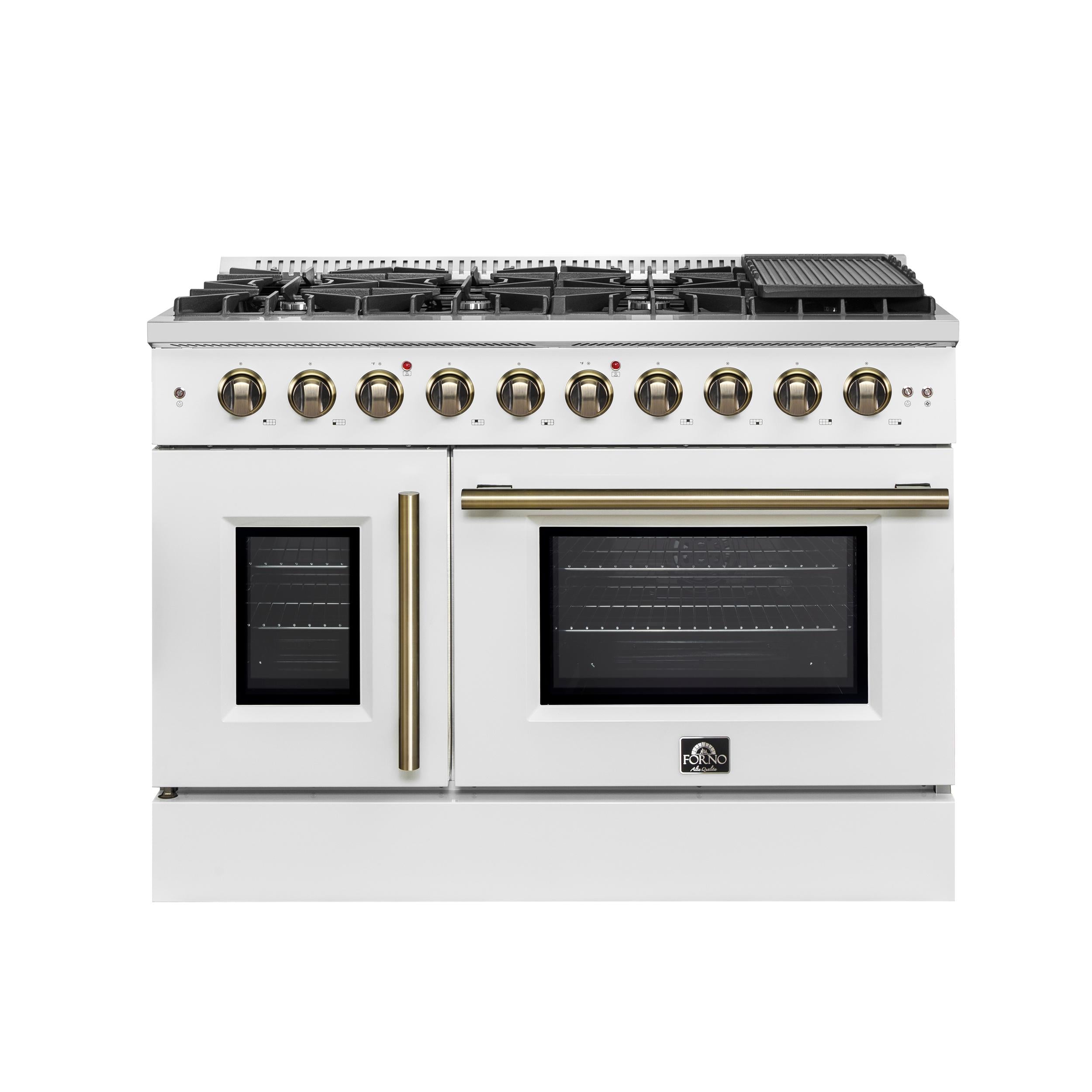 Forno FFSGS644448WHT Forno Galiano 48-Inch Freestanding French Door Gas Range, White & Antique Brass