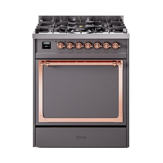 Ilve UN30QNMPMGP Ilve Un30Qnmpmgp Nostalgie Ii Noblesse 30" Dual Fuel Range (Natural Gas, Solid Door, Graphite Matte, Copper)