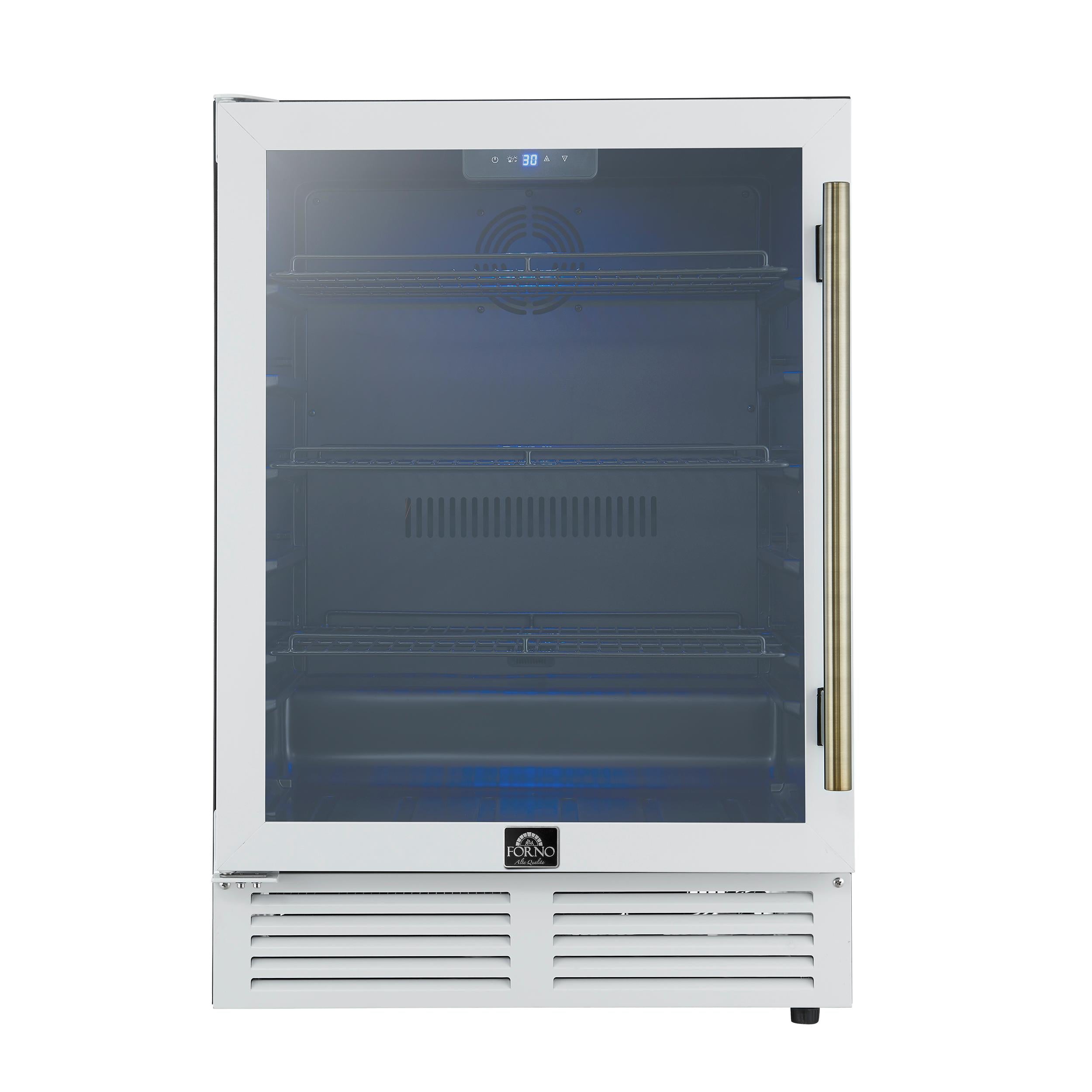 Forno FWCDR666524WHT Forno Frescolino 24 Inch Beverage Cooler, White With Antique Brass Handles, With Led Lighting, Triple Glass Door, 188 Can Capacity, Built-In Or Freestanding