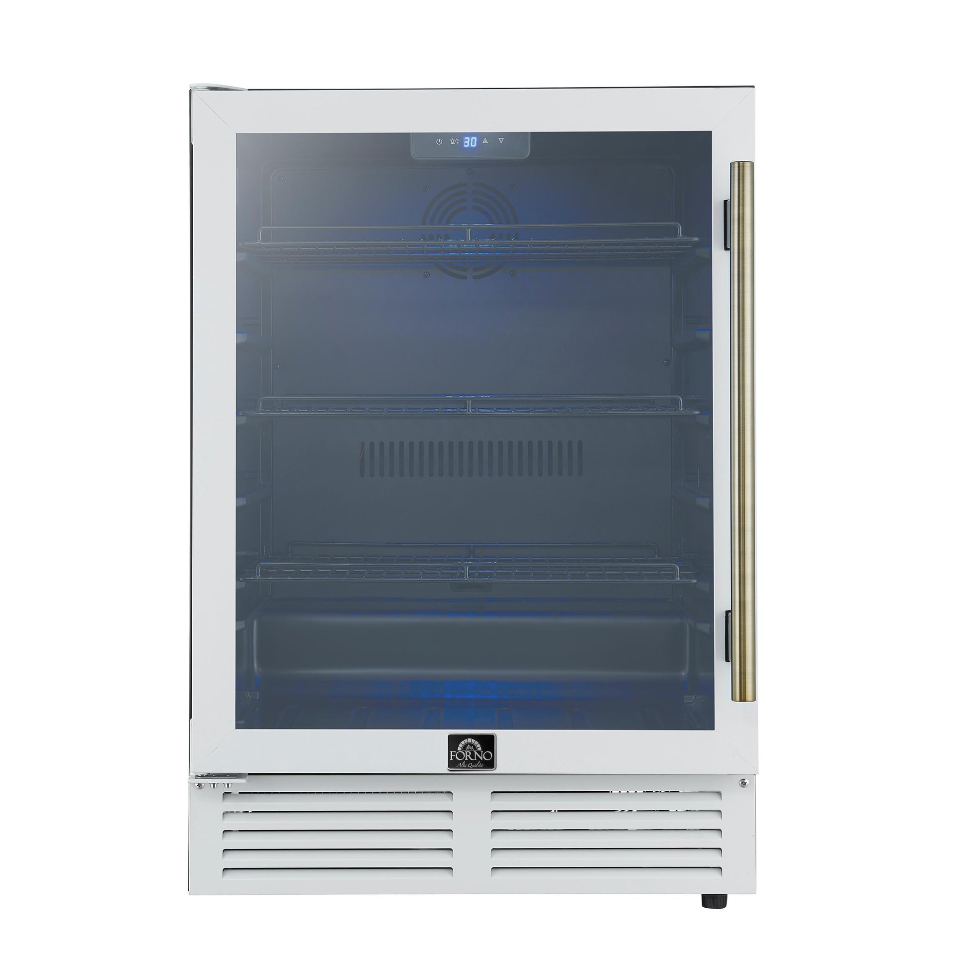 Forno FWCDR666524WHT Forno Frescolino 24 Inch Beverage Cooler, White With Antique Brass Handles, With Led Lighting, Triple Glass Door, 188 Can Capacity, Built-In Or Freestanding