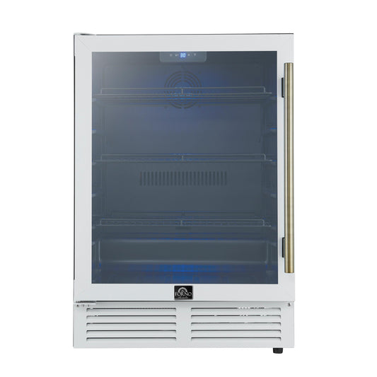Forno FWCDR666524WHT Forno Frescolino 24 Inch Beverage Cooler, White With Antique Brass Handles, With Led Lighting, Triple Glass Door, 188 Can Capacity, Built-In Or Freestanding