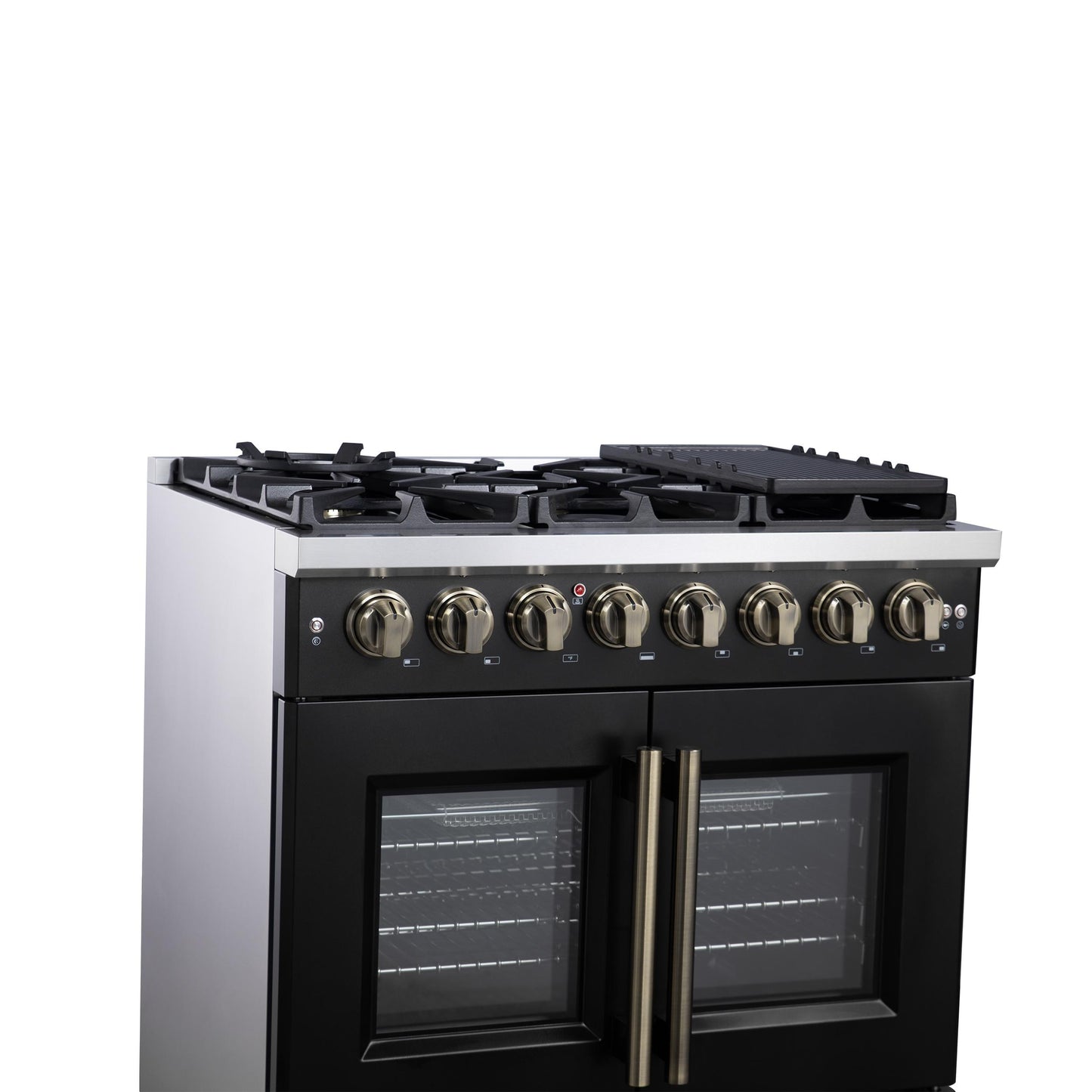 Forno FFSGS638736BLK Forno Capriasca 36 Inch Freestanding French Door Dual Fuel Range In Black With Antique Brass Accessories, 6 Burners, True Convection Oven