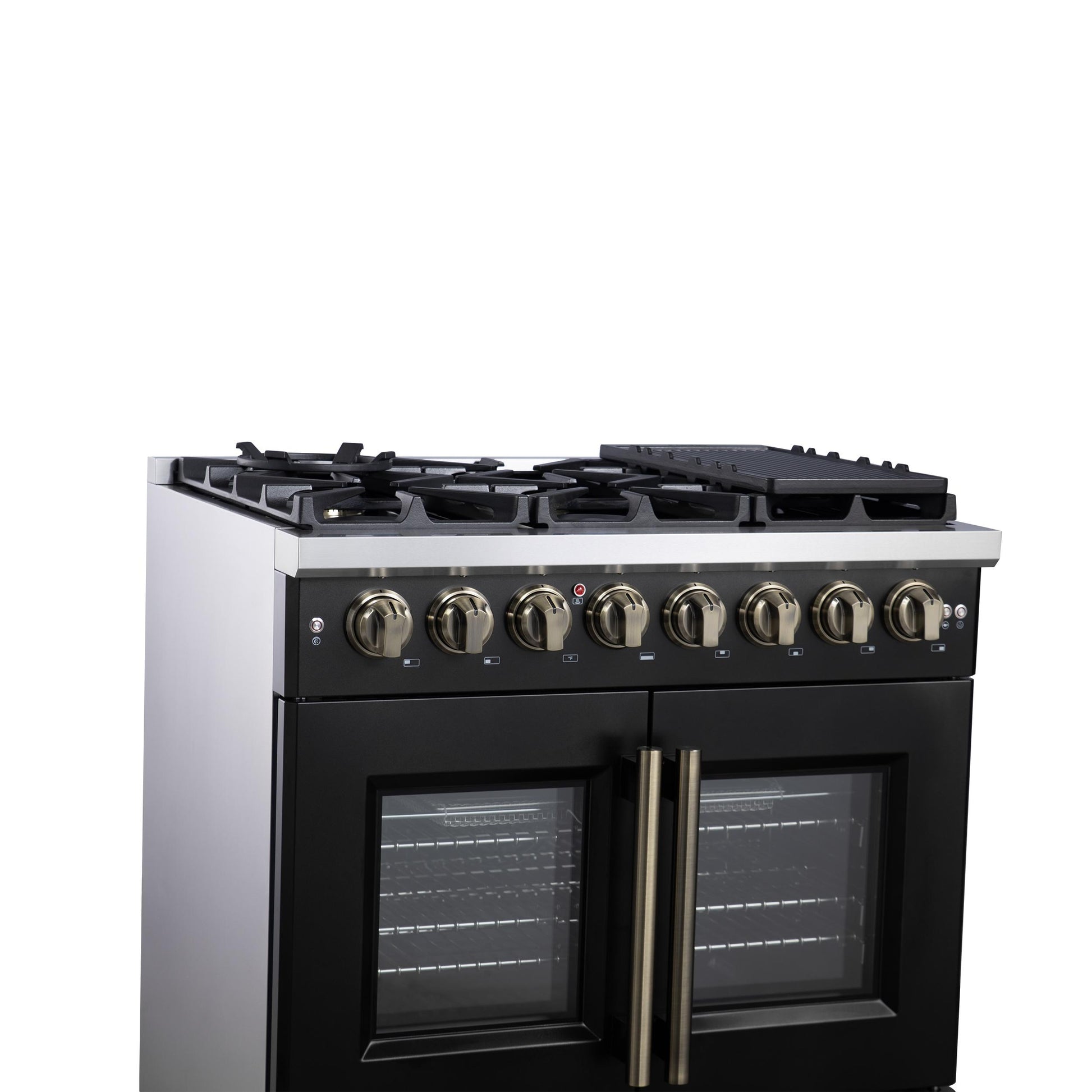 Forno FFSGS638736BLK Forno Capriasca 36 Inch Freestanding French Door Dual Fuel Range In Black With Antique Brass Accessories, 6 Burners, True Convection Oven