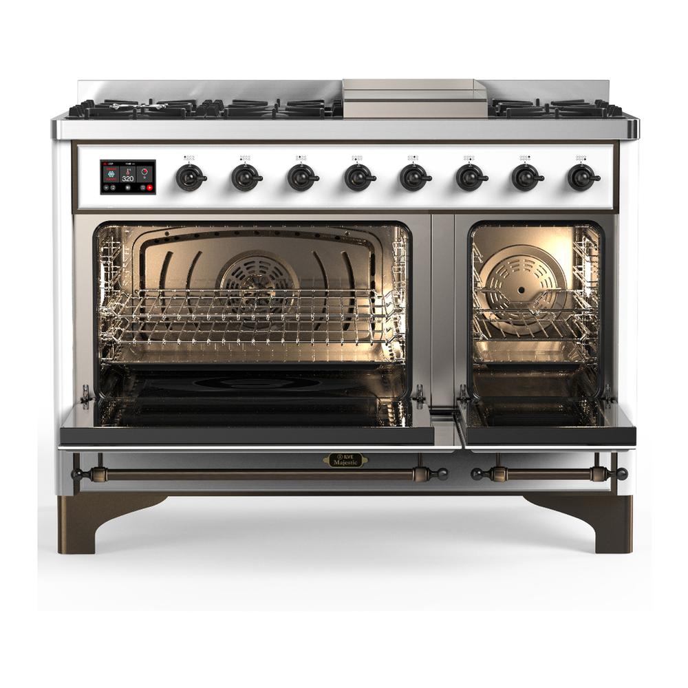 Ilve UM48FQNR3WHB Ilve Um48Fqnr3Whb Majestic Iii 48 Inch Dual Fuel Range With 8 Burners And Griddle, Dual Function Burner Up To 25,000 Btu (Natural Gas, Solid Door, White, Burnished)