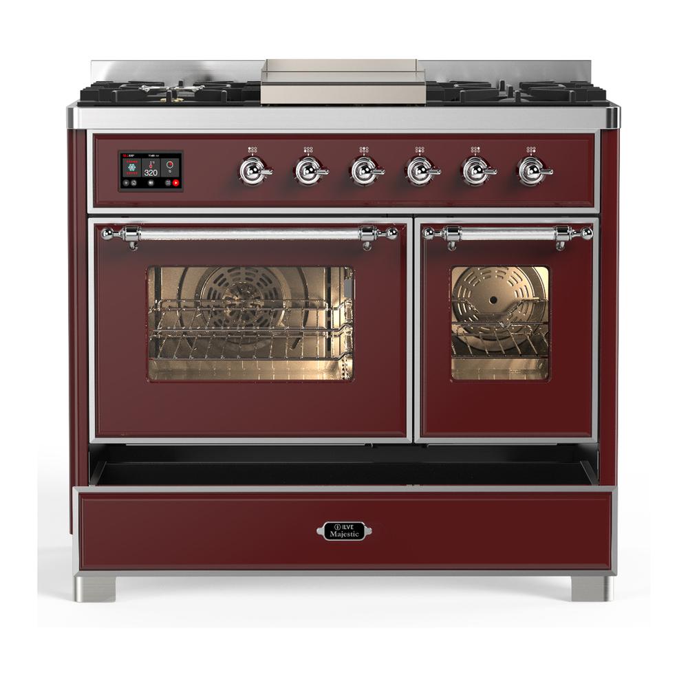 Ilve UMD40FNR3BUCLP Ilve Umd40Fnr3Buclp Majestic Iii 40 Inch Dual Fuel Range With 6 Burners And Griddle, Dual Function Burner Up To 25,000 Btu (Liquid Propane, Triple Glass Door, Burgundy, Chrome)