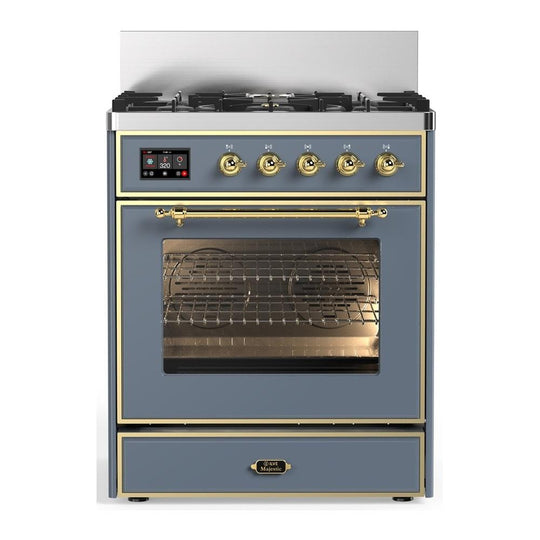 Ilve UM30NR3BGGLP Ilve Um30Nr3Bgglp Majestic Iii 30 Inch Dual Fuel Range With 5 Black Brass Burners, Dual Function Burner Up To 25,000 Btu (Liquid Propane, Triple Glass Door, Blue Grey, Brass)