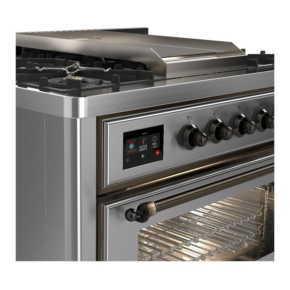 Ilve UM36FNR3SSBLP Ilve Um36Fnr3Ssblp Majestic Iii 36 Inch Dual Fuel Range With 6 Black Brass Burners And Griddle, Dual Function Burner Up To 25,000 Btu (Triple Glass Door, Stainless Steel, Burnished, Liquid Propane)