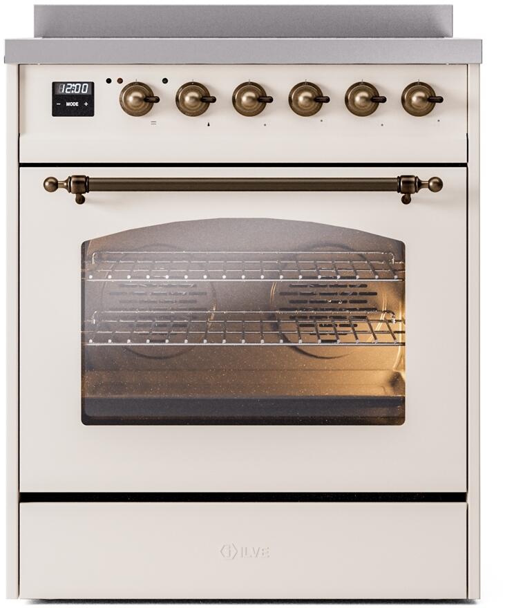 Ilve UPI304NMPAWB Nostalgie Ii 30 Inch Electric Freestanding Range In Antique White With Bronze Trim