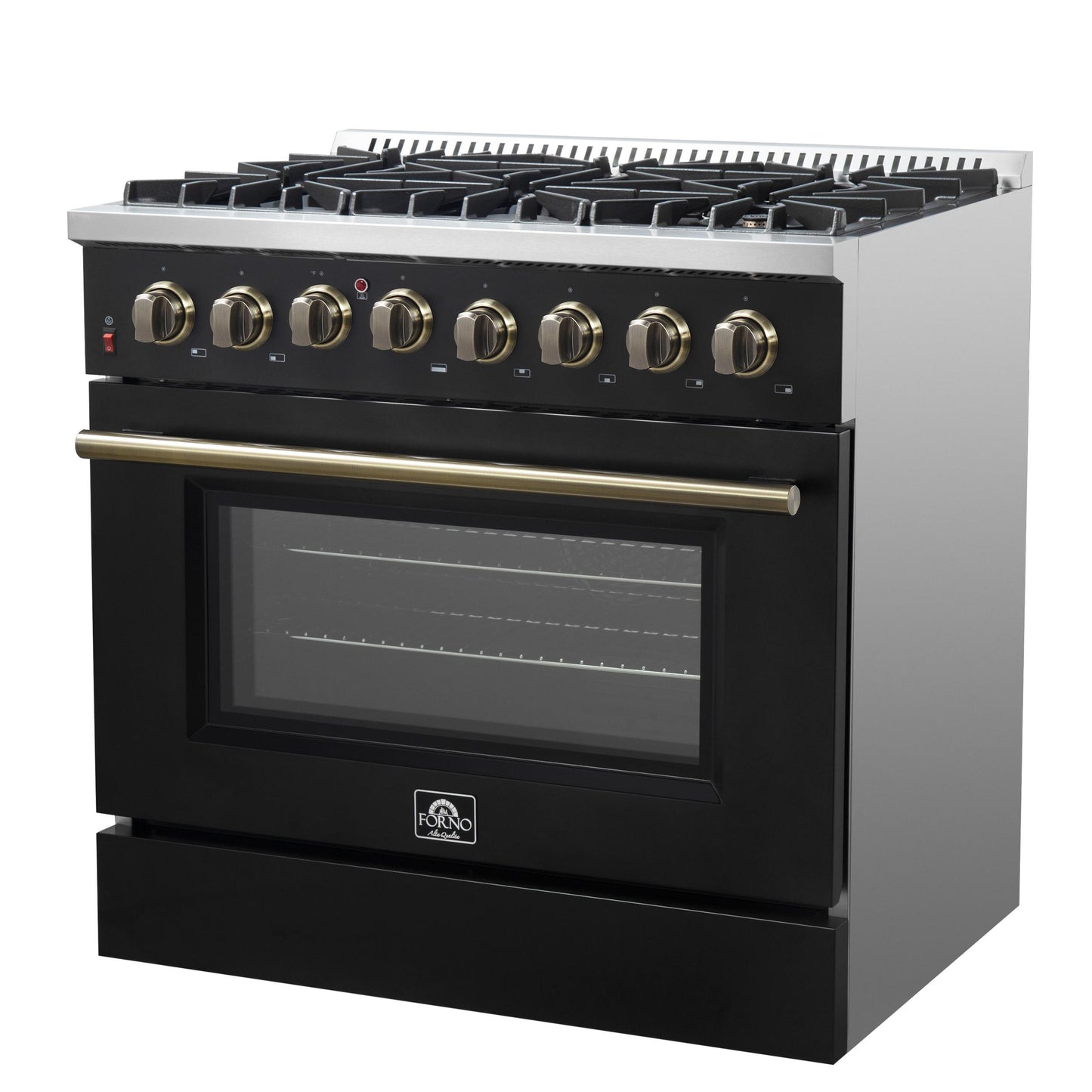 Forno FFSGS615636BLK Forno Galiano 36-Inch Dual Fuel Range In Black & Antique Brass Design, 6 Sealed Burners 83,000 Btu, 5.36 Cu.Ft. True Convection Oven