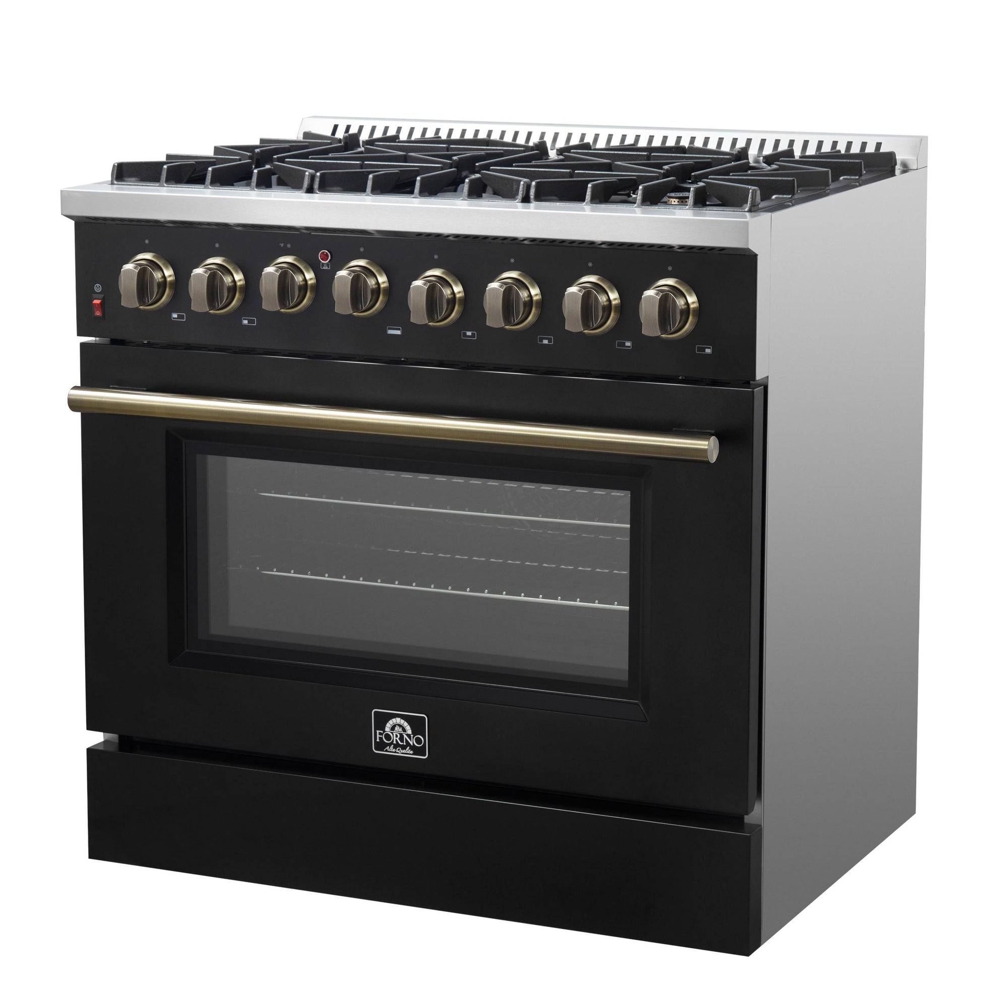 Forno FFSGS615636BLK Forno Galiano 36-Inch Dual Fuel Range In Black & Antique Brass Design, 6 Sealed Burners 83,000 Btu, 5.36 Cu.Ft. True Convection Oven