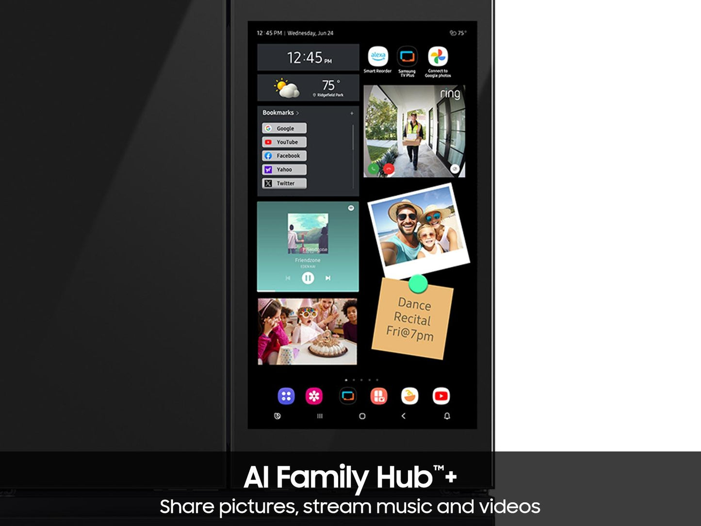 Samsung RF90F23EECR Bespoke 23 Cu. Ft. Counter Depth 4-Door French Door Refrigerator With Ai Family Hub&#8482;+ & Inner Beverage Center&#8482; In Charcoal Glass And Stainless Steel