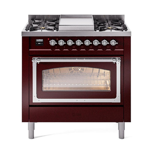 Ilve UN36FNMPBUCLP Ilve Un36Fnmpbuclp Nostalgie Ii Noblesse 36" Dual Fuel Range (Liquid Propane, Triple Glass Door, Burgundy, Chrome)