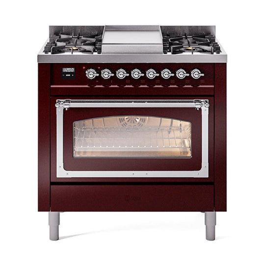 Ilve UN36FNMPBUCLP Ilve Un36Fnmpbuclp Nostalgie Ii Noblesse 36" Dual Fuel Range (Liquid Propane, Triple Glass Door, Burgundy, Chrome)