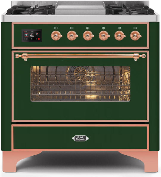 Ilve UM09FDNS3EGPLP Majestic Ii 36 Inch Dual Fuel Liquid Propane Freestanding Range In Emerald Green With Copper Trim