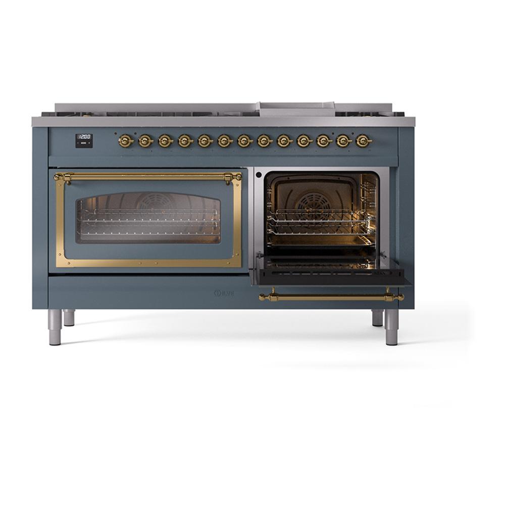 Ilve UN60FNMPBGG Ilve Un60Fnmpbgg Nostalgie Ii Noblesse 60" Dual Fuel Range (9 Sealed Burners + Griddle, Natural Gas, Triple Glass Door, Blue Grey, Brass)