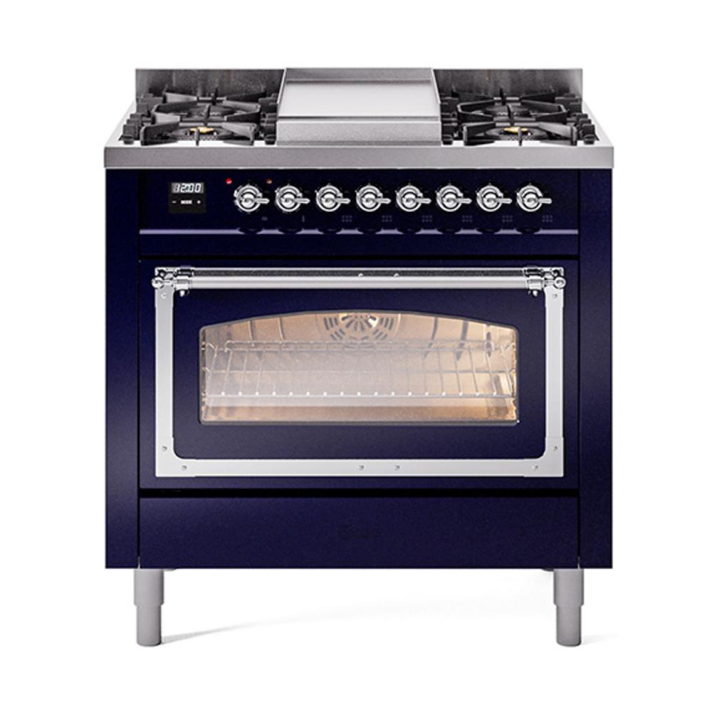 Ilve UN36FNMPMBC Ilve Un36Fnmpmbc Nostalgie Ii Noblesse 36" Dual Fuel Range (Natural Gas, Triple Glass Door, Midnight Blue, Chrome)