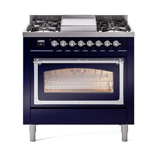 Ilve UN36FNMPMBC Ilve Un36Fnmpmbc Nostalgie Ii Noblesse 36" Dual Fuel Range (Natural Gas, Triple Glass Door, Midnight Blue, Chrome)