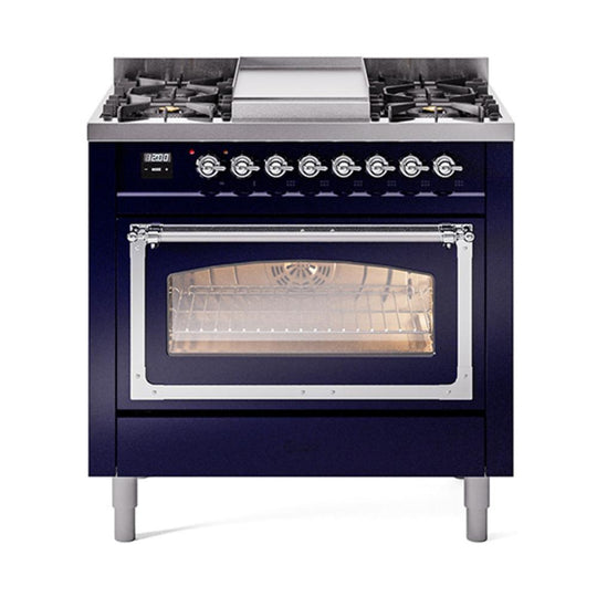 Ilve UN36FNMPMBC Ilve Un36Fnmpmbc Nostalgie Ii Noblesse 36" Dual Fuel Range (Natural Gas, Triple Glass Door, Midnight Blue, Chrome)
