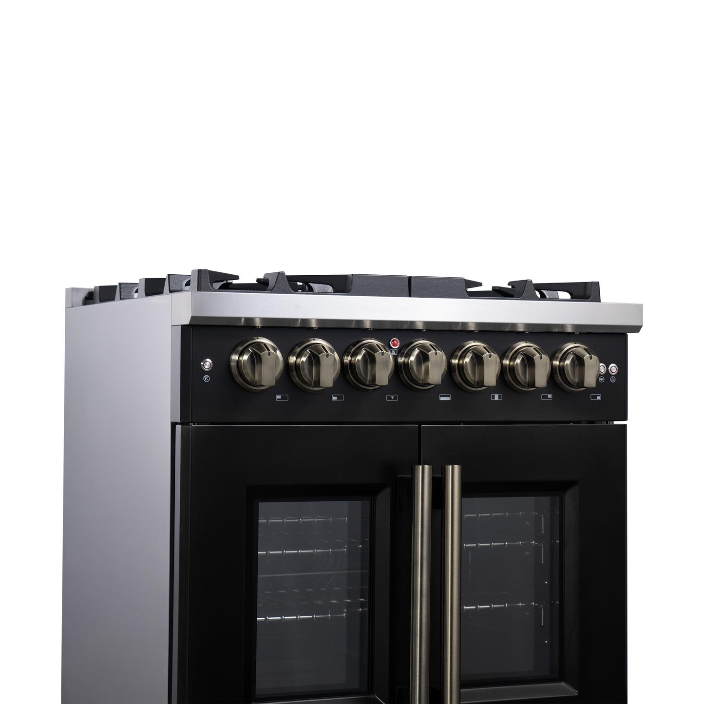 Forno FFSGS638730BLK Forno Capriasca 30-Inch Freestanding French Door Dual Fuel Range In Black With Antique Brass Accessories, 5 Burners, True Convection Oven