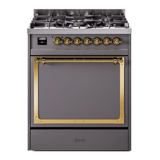 Ilve UN30QNMPMGGLP Ilve Un30Qnmpmgglp Nostalgie Ii Noblesse 30" Dual Fuel Range (Liquid Propane, Solid Door, Graphite Matte, Brass)