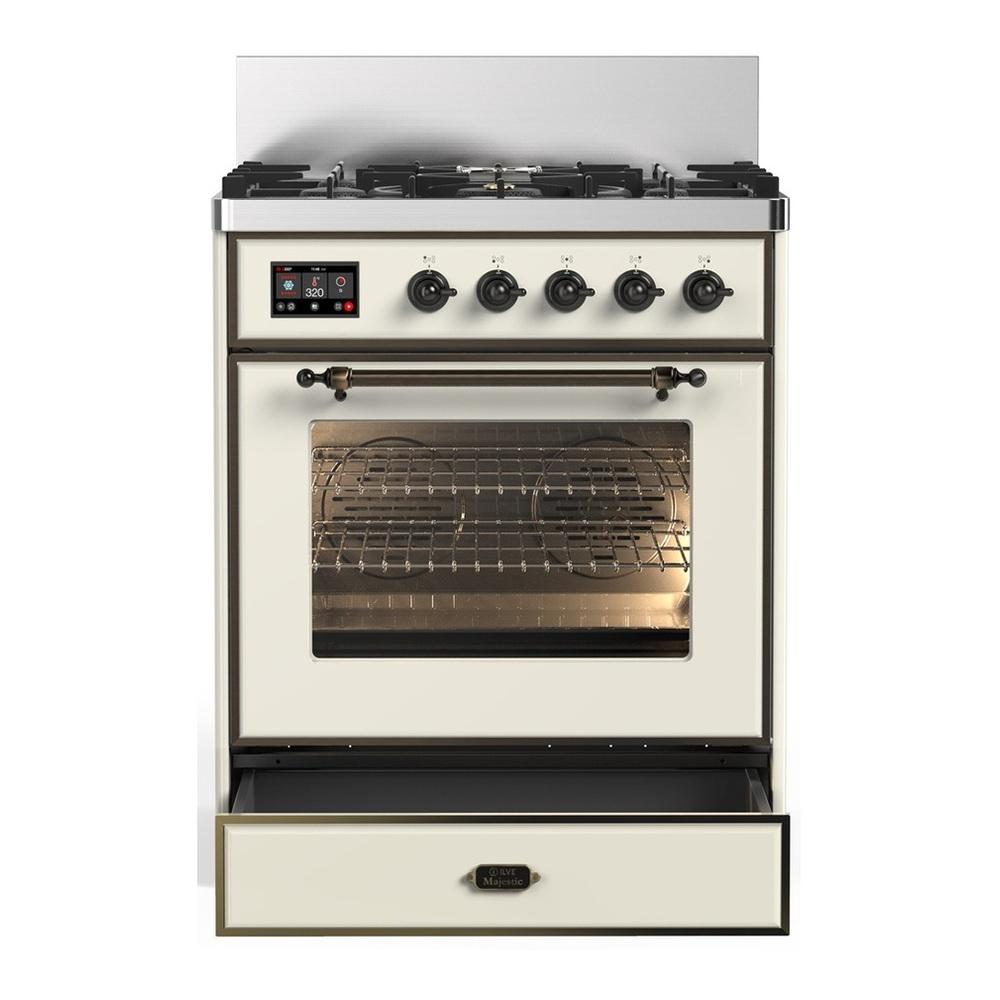 Ilve UM30NR3AWB Ilve Um30Nr3Awb Majestic Iii 30 Inch Dual Fuel Range With 5 Black Brass Burners, Dual Function Burner Up To 25,000 Btu (Natural Gas, Triple Glass Door, Antique White, Burnished)