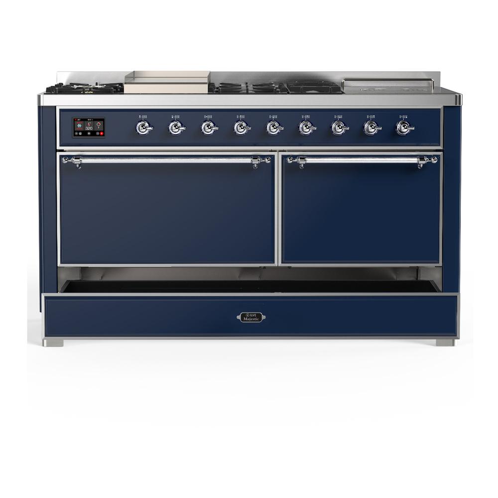Ilve UM60FSQNR3MBC Ilve Um60Fsqnr3Mbc Majestic Iii 60 Inch Dual Fuel Range With 7 Burners, Griddle And French Top, Dual Function Burner With Up To 25,000 Btu (Natural Gas, Solid Door, Midnight Blue, Chrome)