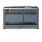 Ilve UM60FQNR3BGB Ilve Um60Fqnr3Bgb Majestic Iii 60 Inch Dual Fuel Range With 9 Burners And Griddle, Dual Function Burner Up To 25,000 Btu (Natural Gas, Solid Door, Blue Grey, Burnished)