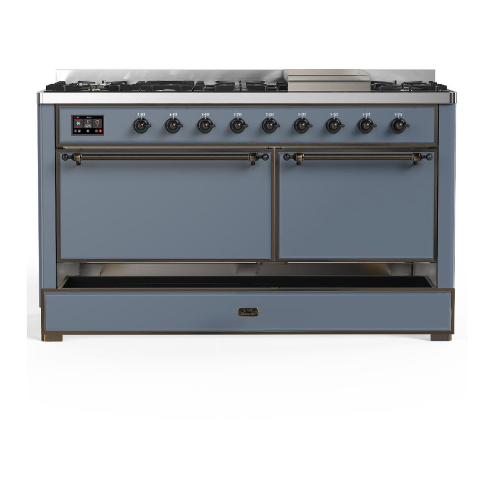 Ilve UM60FQNR3BGB Ilve Um60Fqnr3Bgb Majestic Iii 60 Inch Dual Fuel Range With 9 Burners And Griddle, Dual Function Burner Up To 25,000 Btu (Natural Gas, Solid Door, Blue Grey, Burnished)
