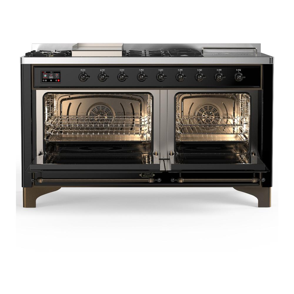Ilve UM60FSNR3BKB Ilve Um60Fsnr3Bkb Majestic Iii 60 Inch Dual Fuel Range With 7 Burners, Griddle And French Top, Dual Function Burner With Up To 25,000 Btu (Natural Gas, Triple Glass Door, Glossy Black, Burnished)
