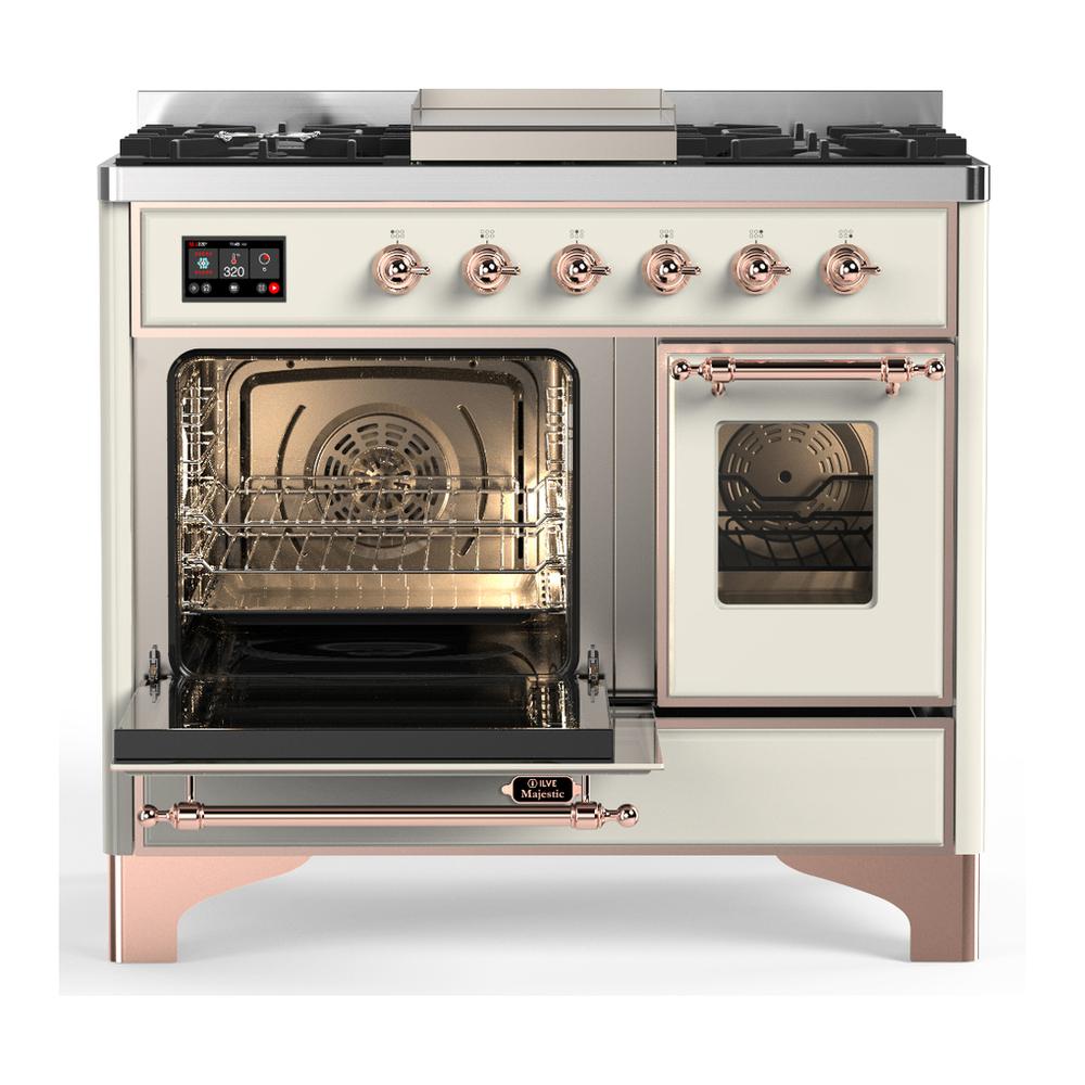 Ilve UMD40FNR3AWP Ilve Umd40Fnr3Awp Majestic Iii 40 Inch Dual Fuel Range With 6 Burners And Griddle, Dual Function Burner Up To 25,000 Btu (Natural Gas, Triple Glass Door, Antique White, Copper)