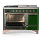 Ilve UM48FSQNR3EGPLP Ilve Um48Fsqnr3Egplp Majestic Iii 48 Inch Dual Fuel Range With 5 Black Brass Burners, Griddle And French Top, Dual Function Burner Up To 25,000 Btu (Liquid Propane, Solid Door, Emerald Green, Copper)