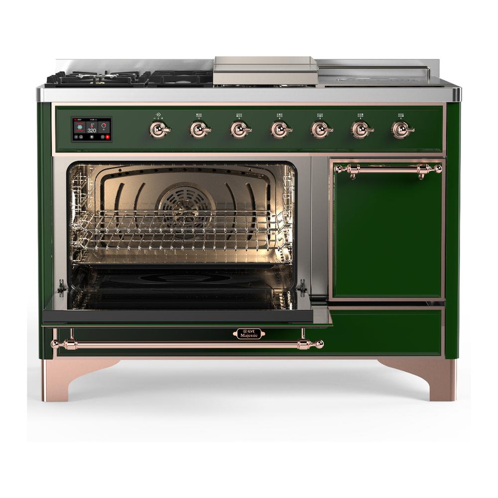 Ilve UM48FSQNR3EGPLP Ilve Um48Fsqnr3Egplp Majestic Iii 48 Inch Dual Fuel Range With 5 Black Brass Burners, Griddle And French Top, Dual Function Burner Up To 25,000 Btu (Liquid Propane, Solid Door, Emerald Green, Copper)