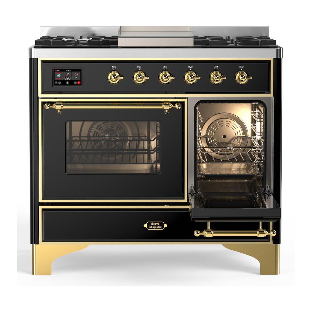 Ilve UMD40FNR3BKG Ilve Umd40Fnr3Bkg Majestic Iii 40 Inch Dual Fuel Range With 6 Burners And Griddle, Dual Function Burner Up To 25,000 Btu (Natural Gas, Triple Glass Door, Glossy Black, Brass)
