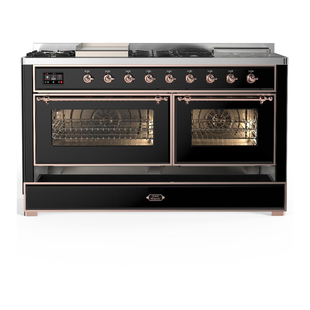 Ilve UM60FSNR3BKPLP Ilve Um60Fsnr3Bkplp Majestic Iii 60 Inch Dual Fuel Range With 7 Burners, Griddle And French Top, Dual Function Burner With Up To 25,000 Btu (Liquid Propane, Triple Glass Door, Glossy Black, Copper)