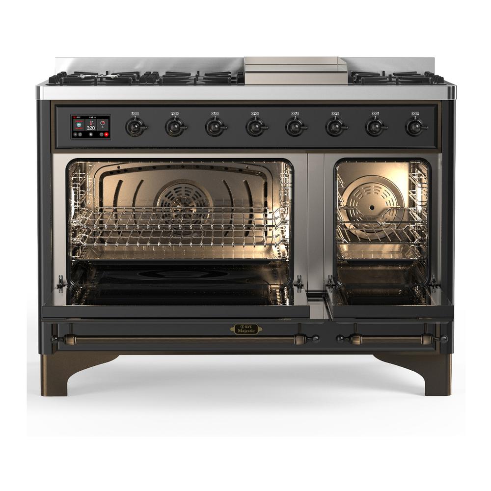 Ilve UM48FNR3MGB Ilve Um48Fnr3Mgb Majestic Iii 48 Inch Dual Fuel Range With 8 Burners And Griddle, Dual Function Burner Up To 25,000 Btu (Natural Gas, Triple Glass Door, Graphite Matte, Burnished)