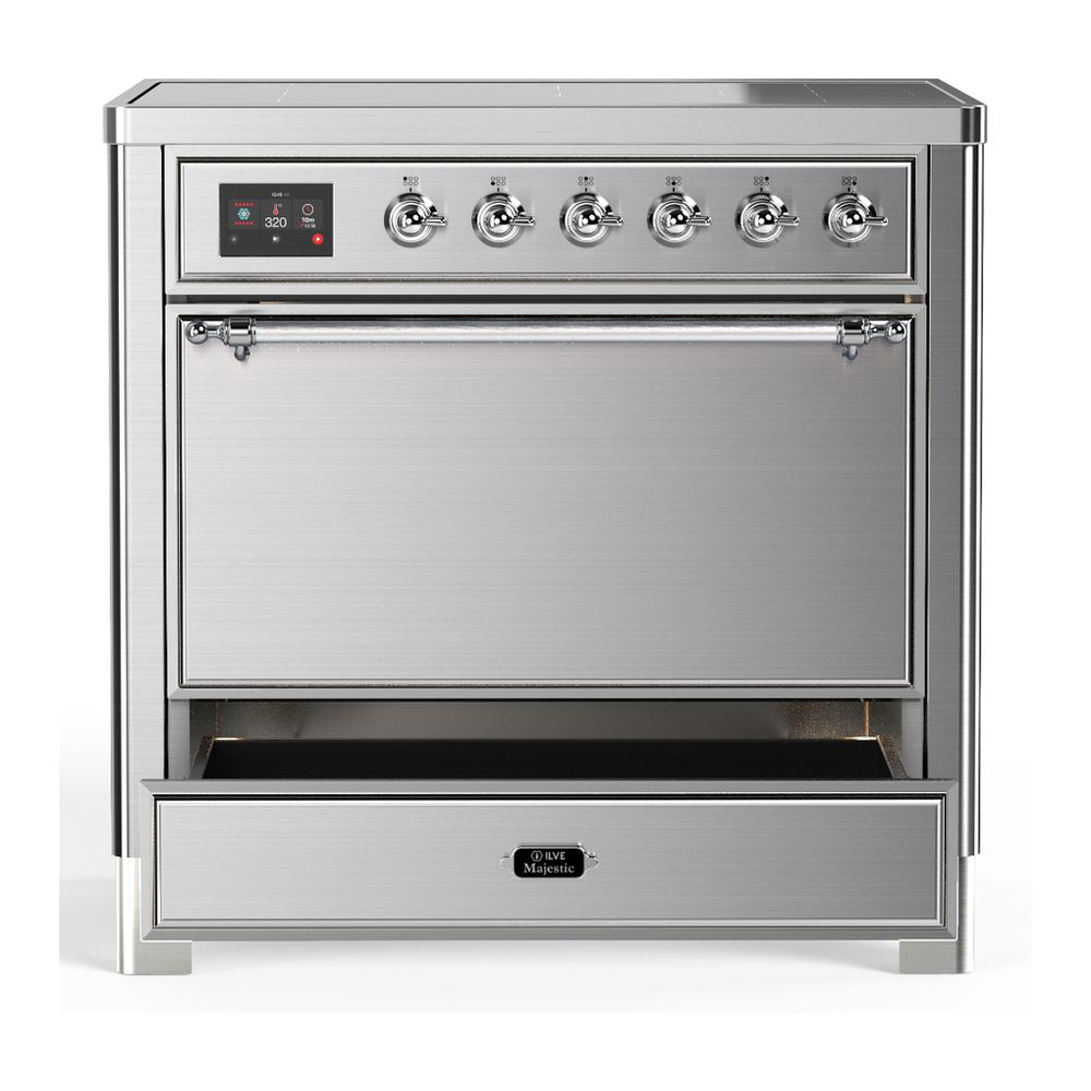 Ilve UMIB36QNR3SSC Ilve Umib36Qnr3Ssc Majestic Iii 36 Inch Induction Range With 6 Elements, 3.5 Cu. Ft. Total Oven Capacity (Solid Door, Stainless Steel, Chrome)