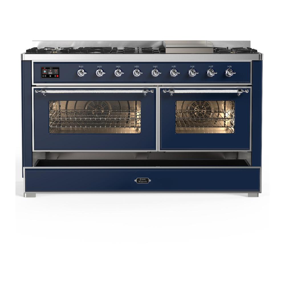 Ilve UM60FNR3MBC Ilve Um60Fnr3Mbc Majestic Iii 60 Inch Dual Fuel Range With 9 Burners And Griddle, Dual Function Burner Up To 25,000 Btu (Natural Gas, Triple Glass Door, Midnight Blue, Chrome)