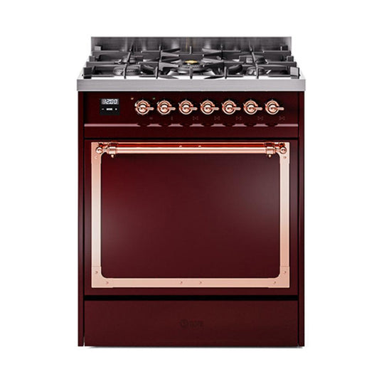 Ilve UN30QNMPBUP Ilve Un30Qnmpbup Nostalgie Ii Noblesse 30" Dual Fuel Range (Natural Gas, Solid Door, Burgundy, Copper)