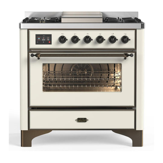 Ilve UM36FNR3AWBLP Ilve Um36Fnr3Awblp Majestic Iii 36 Inch Dual Fuel Range With 6 Black Brass Burners And Griddle, Dual Function Burner Up To 25,000 Btu (Triple Glass Door, Antique White, Burnished, Liquid Propane)