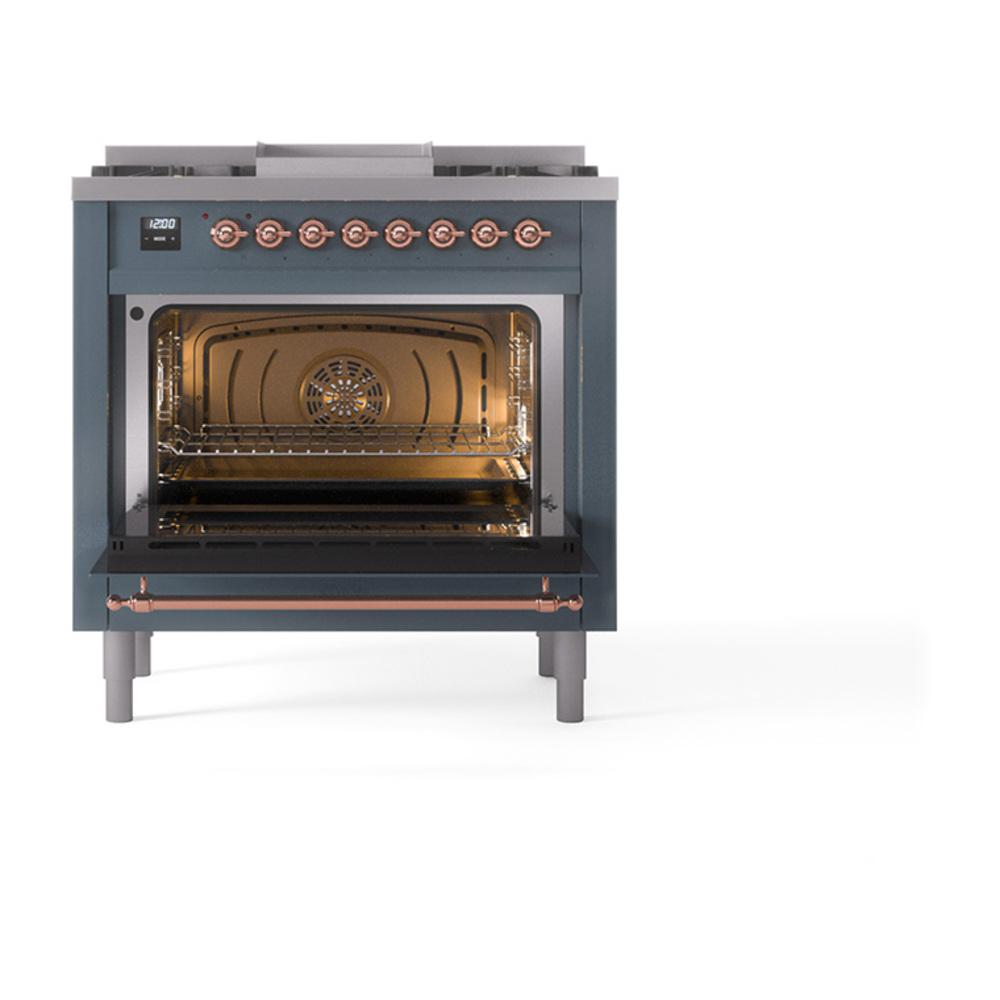 Ilve UN36FQNMPBGP Ilve Un36Fqnmpbgp Nostalgie Ii Noblesse 36" Dual Fuel Range (Natural Gas, Solid Door, Blue Grey, Copper)