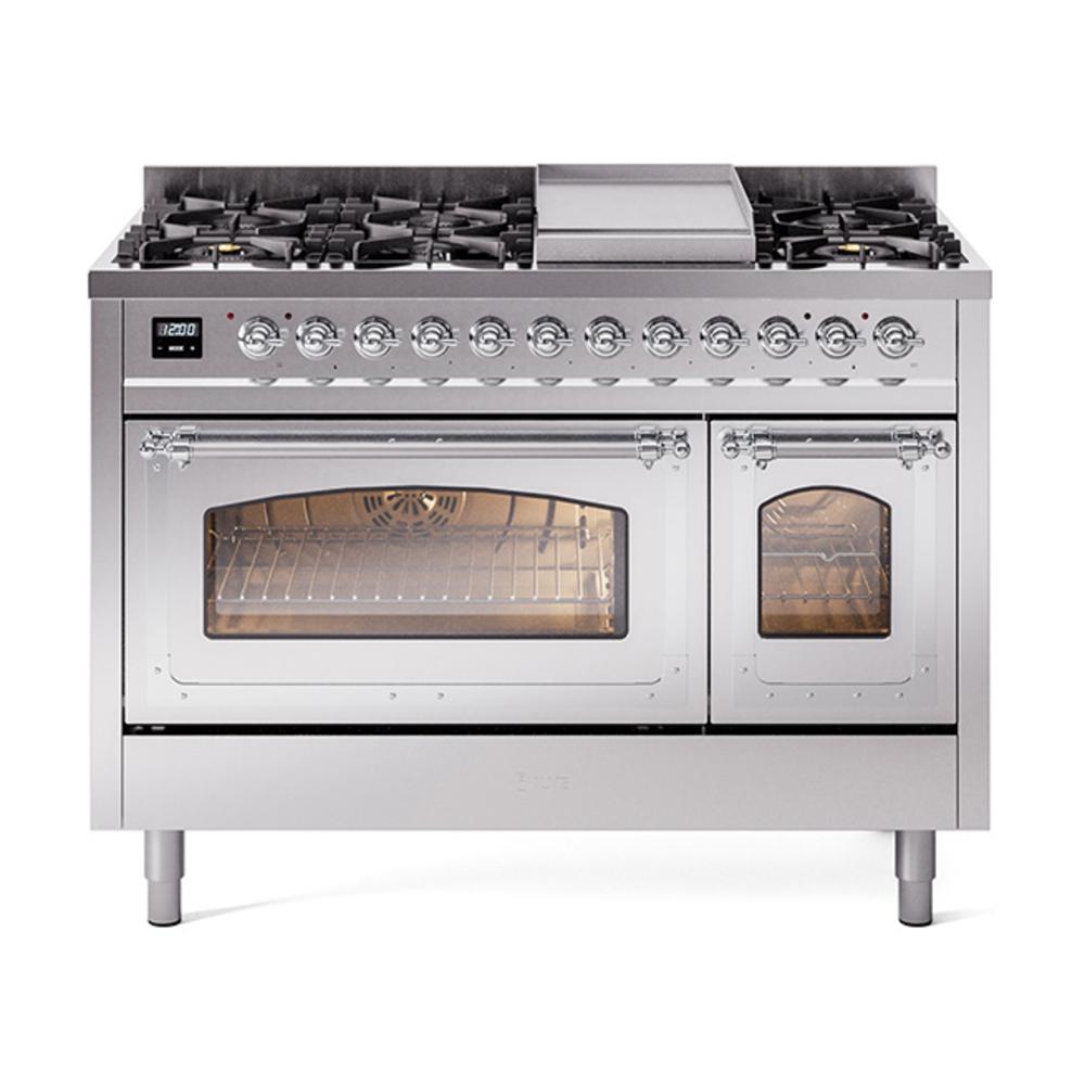 Ilve UN48FNMPSSC Ilve Un48Fnmpssc Nostalgie Ii Noblesse 48" Dual Fuel Range (8 Sealed Burners + Griddle, Natural Gas, Triple Glass Door, Stainless Steel, Chrome)